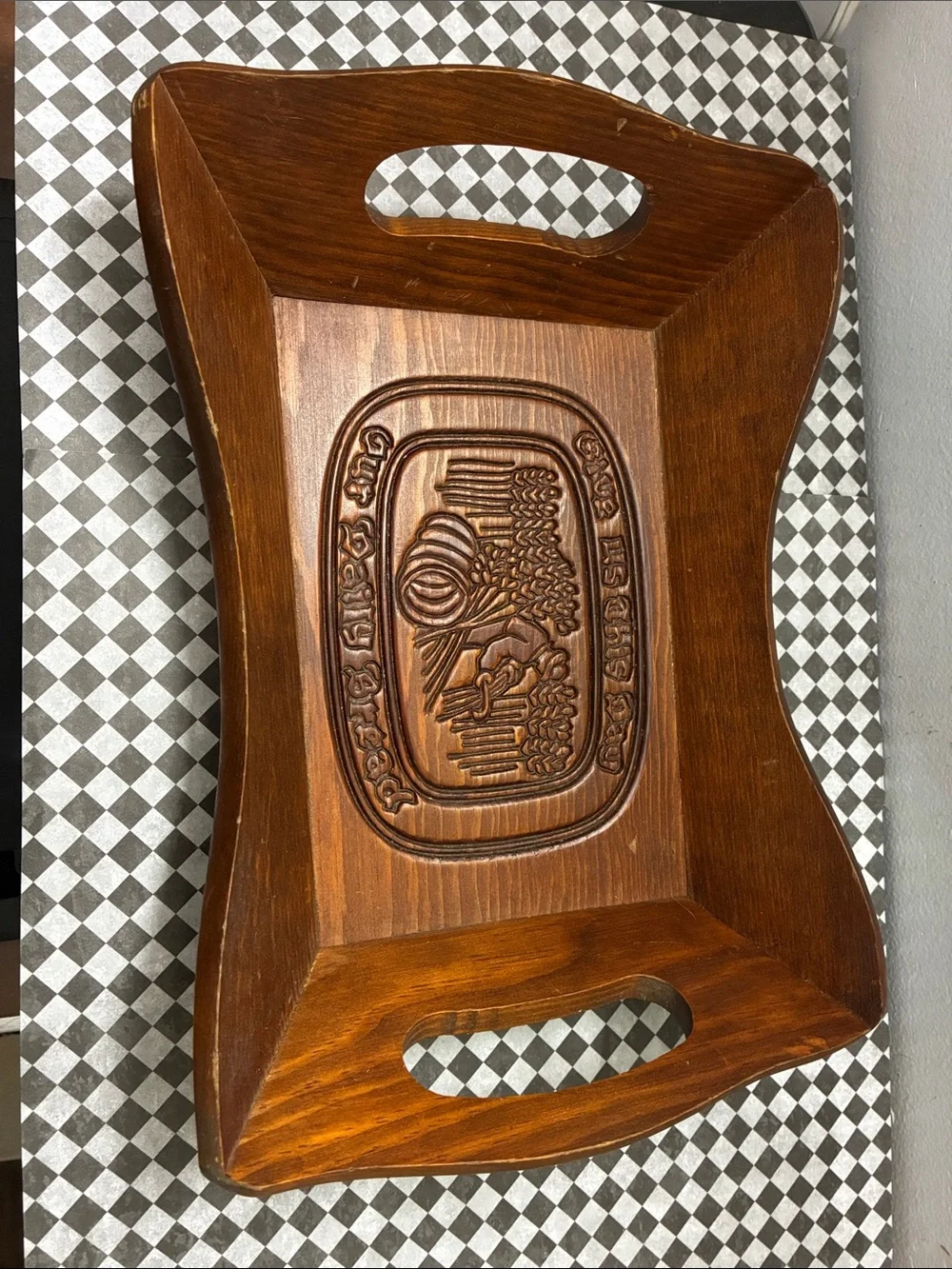 Wooden Serving Tray with Harvest Carved Design - Brown